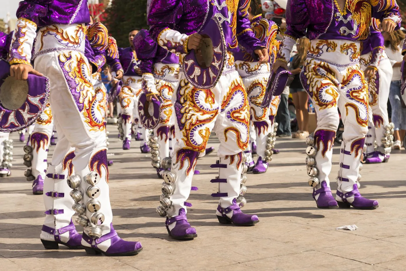 Comparsa del Carnaval Andino de Arica desfilando con trajes bordados y cascabeles