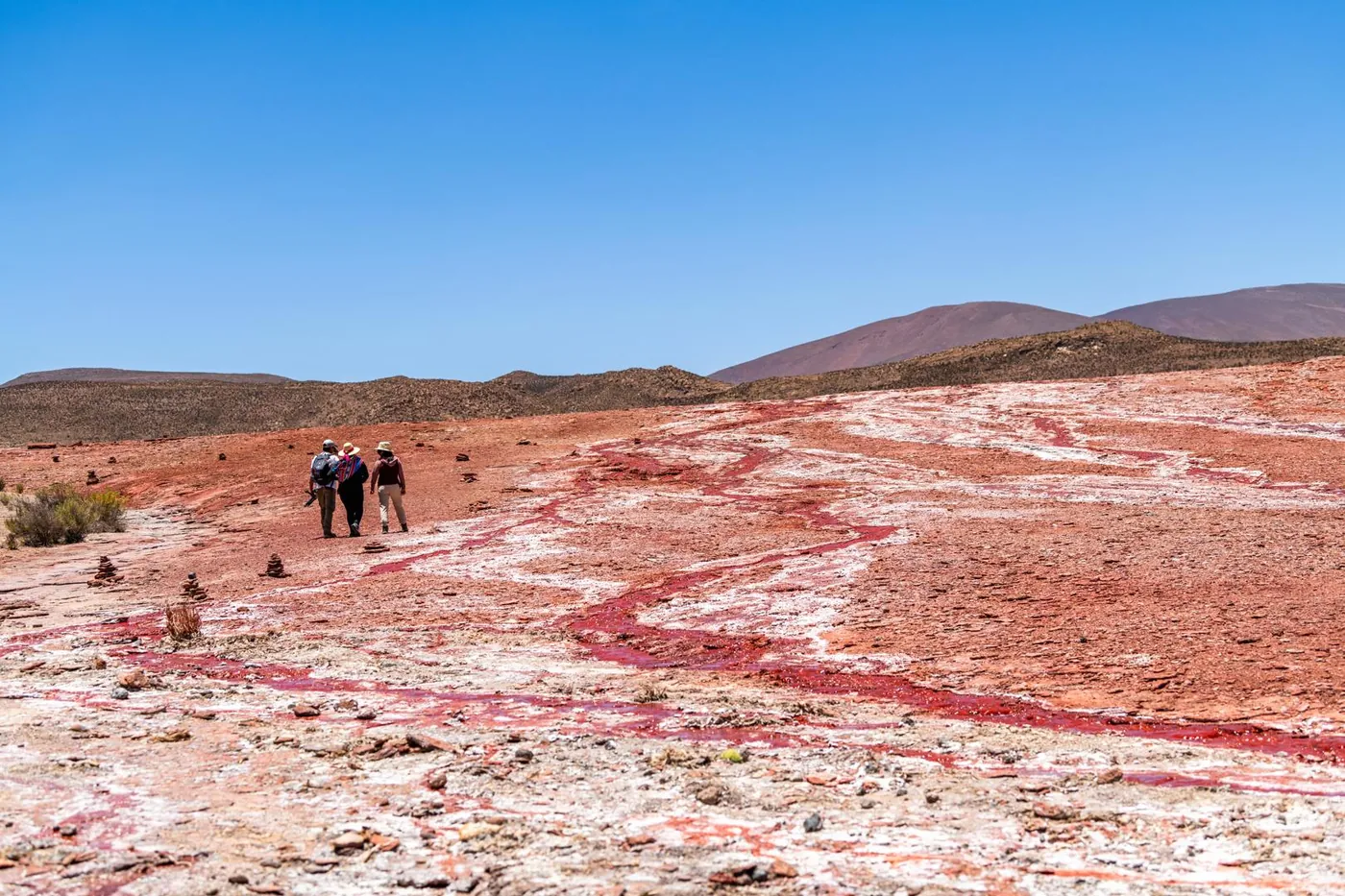 Grupo caminando por el terreno rojo del altiplano camino a la Laguna Roja