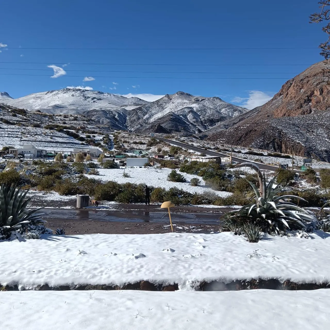 Putre nevado con los cerros al fondo y cielo despejado